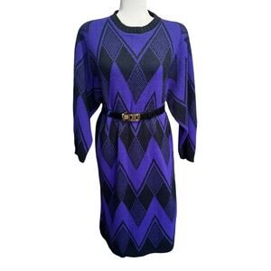 Vintage 1980s Limited Express Sweater Dress Purple Black Chevron Argyle Knit